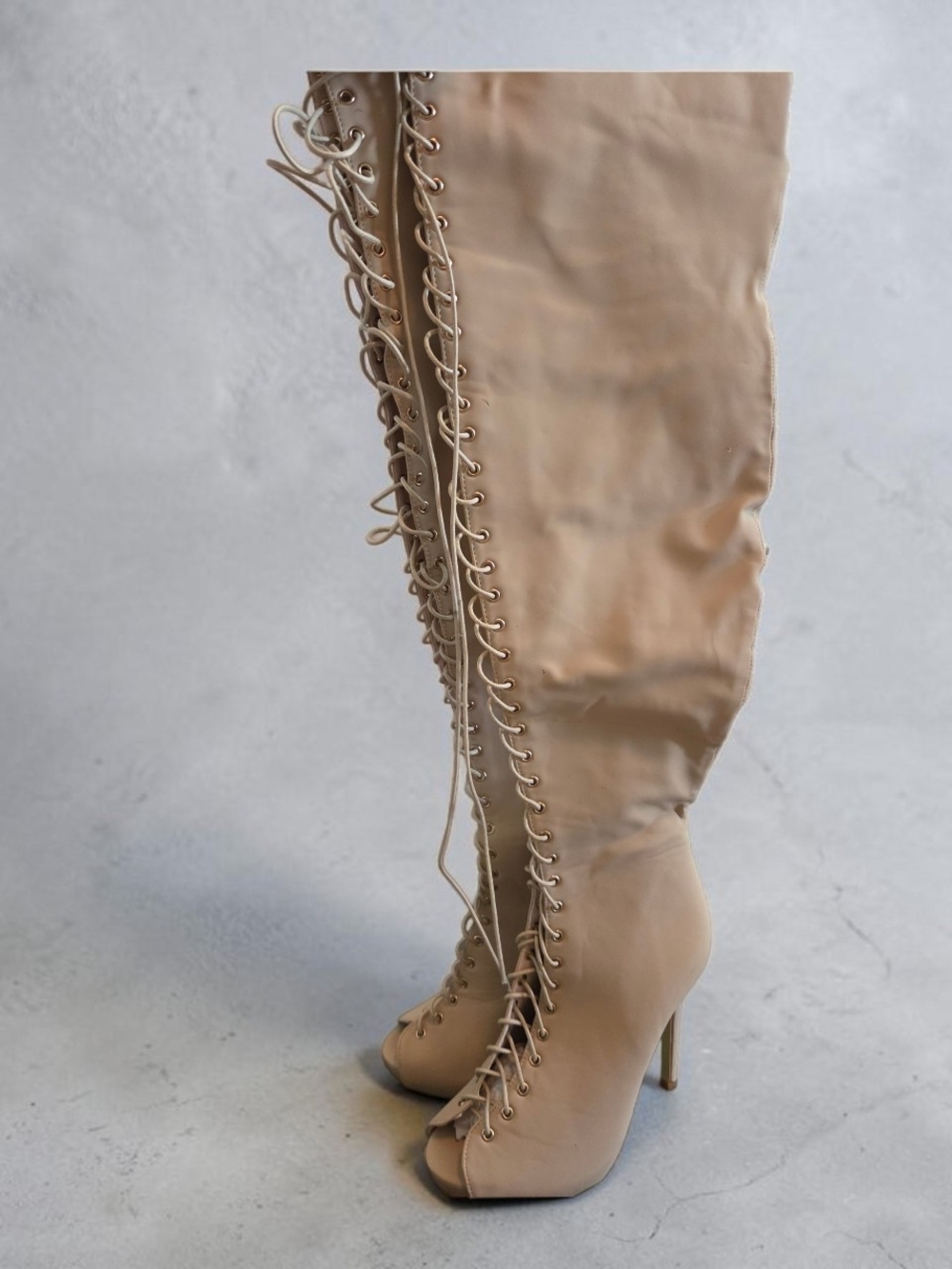 Glaze Over-the-Knee Lace-Up Peep Toe Boots in Nude
